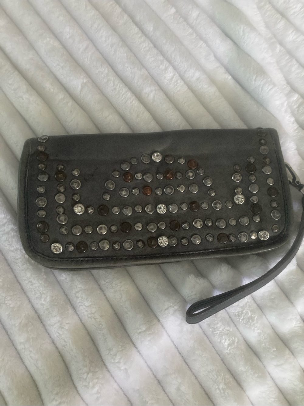 Pfaltzgraff Gray Studded Leather Wristlet Clutch